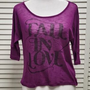 Mudd Women's Top Shirt Purple Plum 3/4 Sleeve Sz Small Fall In Love Print